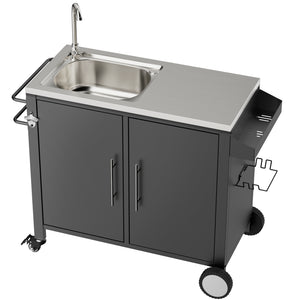 English Elm Outdoor Stainless Steel Grill Cart with Sink Cabinet Storage and Locking Wheels W3190P293812