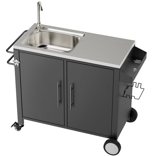 English Elm Outdoor Stainless Steel Grill Cart with Sink Cabinet Storage and Locking Wheels W3190P293812
