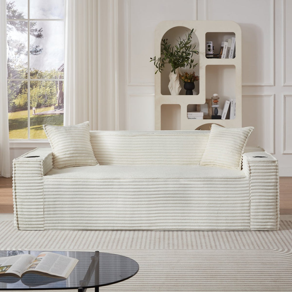 English Elm 3seater Corduroy Cloud Sofa Pocket Spring Cushioned Seat for Apartments and Office Lounges White W3396P434762