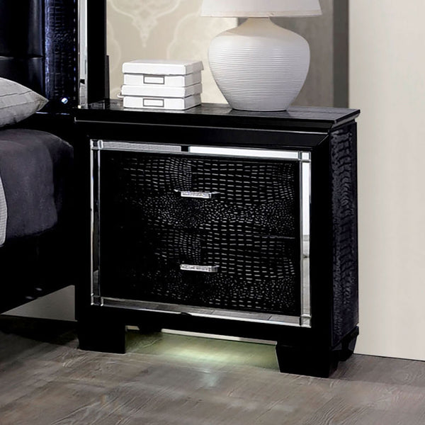 English Elm Contemporary Crocodile-Textured Nightstand with LED Mood Lighting, Dovetail Drawer & Mirror Accents Black 34 L x 21 W x 35 H B011P232476