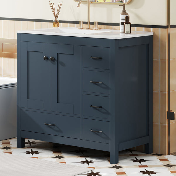 English Elm 36" Blue Bathroom Vanity with Ceramic Sink, 5 Drawers & Soft-Close Doors, Solid Wood Modern Storage N729P183735C