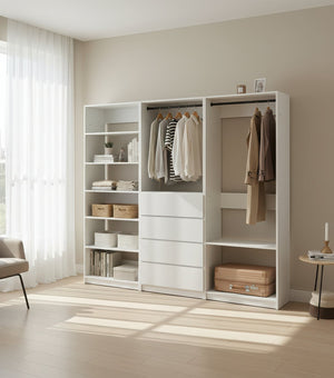 English Elm Prosper White Freestanding Walk-In Wood Closet System – Modular Melamine Oak Finish, Durable Storage Craftsmanship B040S00149