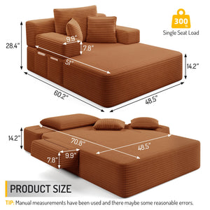 English Elm Luxurious Corduroy Convertible Chaise Lounge Sofa Bed with Storage and Coil Spring Foam Orange W3219P483088