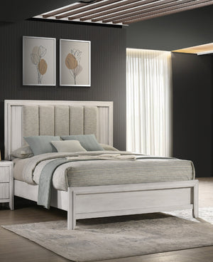 English Elm 1Pc King Size Bed With Plush Upholstered Headboard In Mist White Finish – Modern Elegant Bedroom Centerpiece B2741S00700