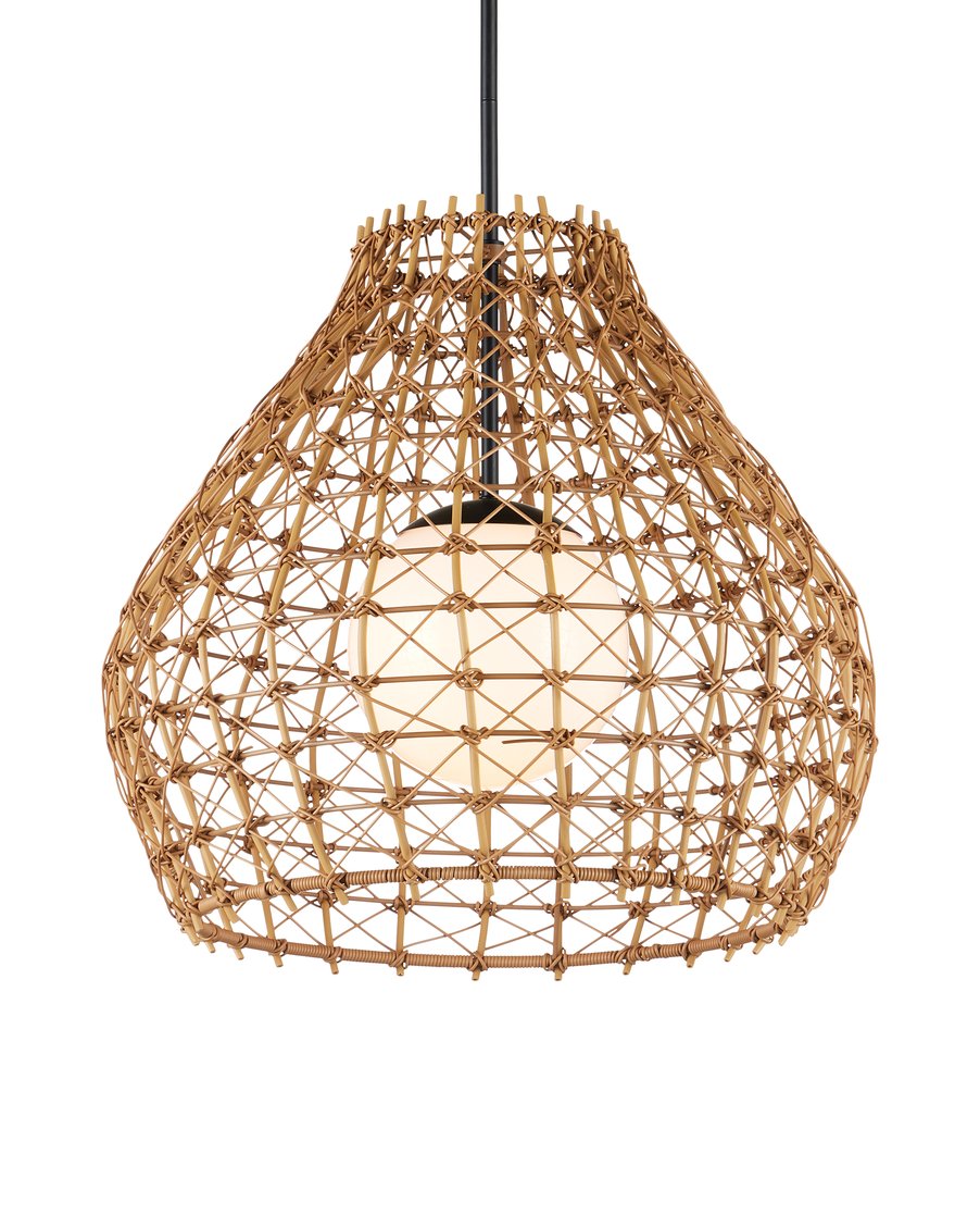 Currey & Company Bly Outdoor Pendant Light - Artisan Crisscross Wicker Design, Adjustable Height, Durable & Stylish Natural All,Weather Wicker ,Metal ,Glass 9500-0014-currey-company