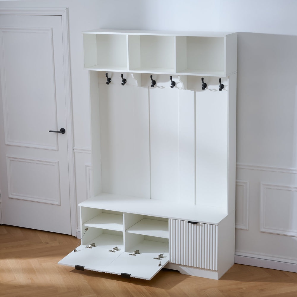 English Elm 49.6 Inch Farmhouse Hall Tree with Bench Shoe Cabinet Hooks and Open Shelving W3871S00001