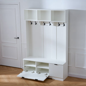 English Elm 49.6 Inch Farmhouse Hall Tree with Bench Shoe Cabinet Hooks and Open Shelving W3871S00001