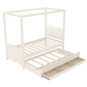 English Elm Full Bunk Bed with Trundle Bookshelf Storage Pine Frame Car Design for Kids W1580S00315