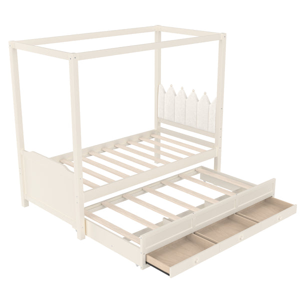 English Elm Full Bunk Bed with Trundle Bookshelf Storage Pine Frame Car Design for Kids W1580S00315