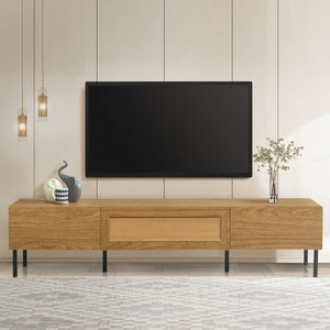 English Elm Boho Rattan TV Stand 80" Capacity, Modern Farmhouse Media Console with Metal Legs & Storage Drawers N710P206387Q