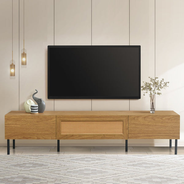 English Elm Boho Rattan TV Stand 80" Capacity, Modern Farmhouse Media Console with Metal Legs & Storage Drawers N710P206387Q