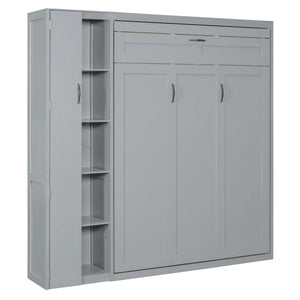 English Elm Full Size Murphy Bed with Open Shelving Wardrobe and Led Lighting for Studio Spaces Gray LP000898AAE