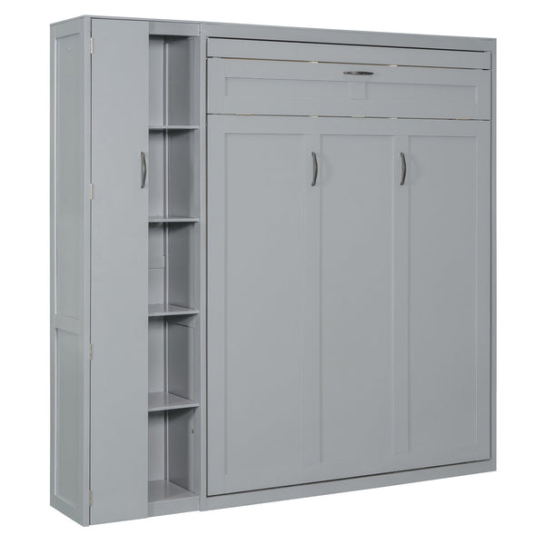English Elm Full Size Murphy Bed with Open Shelving Wardrobe and Led Lighting for Studio Spaces Gray LP000898AAE
