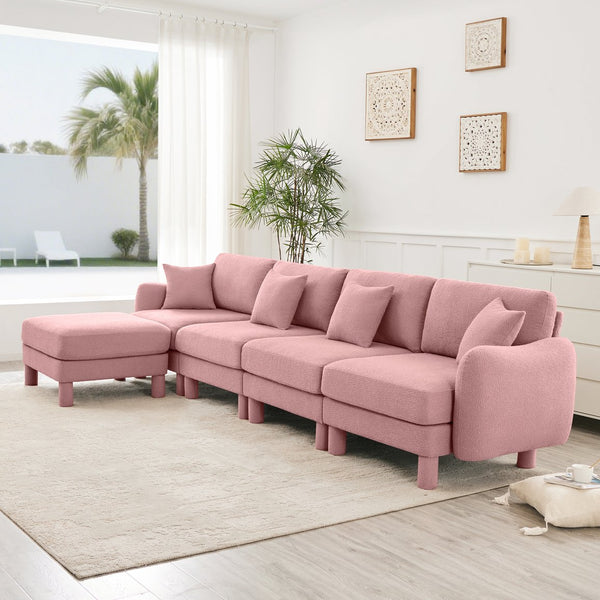 English Elm Boucle Fabric Convertible L-Shape Sectional Sofa With Shell Armrests & Removable Ottoman In Pink W3041S00296