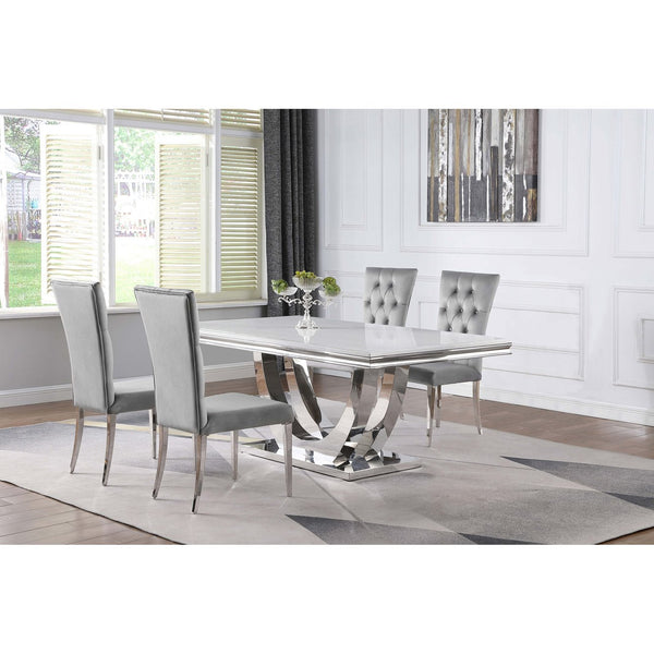 English Elm Allessandra Glam 5-Piece Rectangular Dining Set with Faux Marble Top, Velvet Tufted Chairs & Chrome Base Grey B062S01200