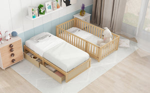 English Elm Twin Pinewood Daybed with Fence Guardrails Two Storage Drawers and Split Floor Bed Natural LP200881AAN