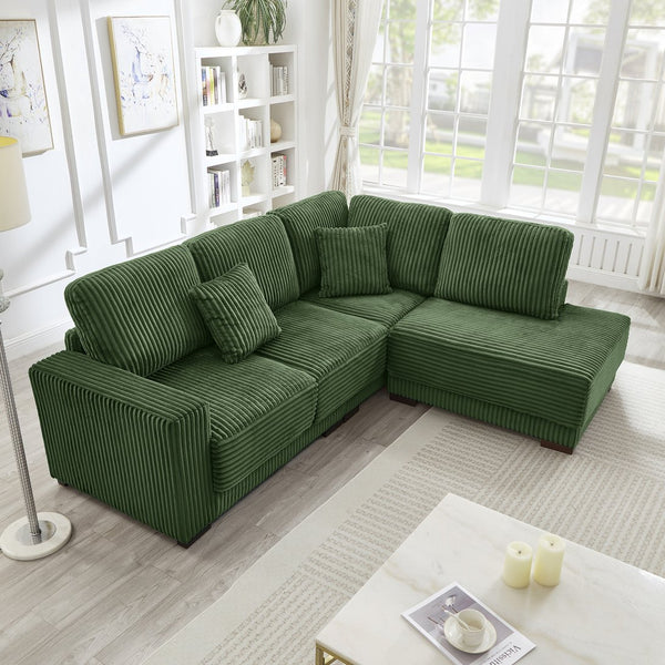 English Elm 93" Sectional Sofa L-Shaped Upholstered Corduroy 3-Seater with Reversible Chaise, Solid Wood Frame, Plush Coil-Foam Cushions Green W1097S00224