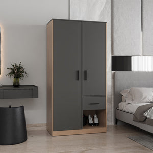 English Elm Alder Matte Gray & Natural Oak 2-Door 1-Drawer Armoire with 2 Rods, 4 Shelves, Spacious Storage B200S00416