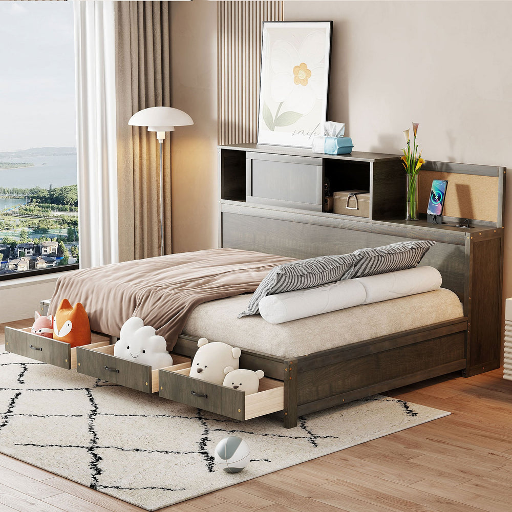 English Elm Full Size Gray Wood Daybed with Storage Drawers Shelf Usb Charging Upholstered Back LP002025AAE-1