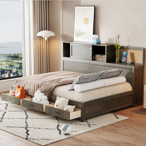 English Elm Full Size Gray Wood Daybed with Storage Drawers Shelf Usb Charging Upholstered Back LP002025AAE-1