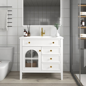 English Elm 35.6" Freestanding Bathroom Vanity with Roman Column Base and Ceramic Integrated Sink White W1801S00011