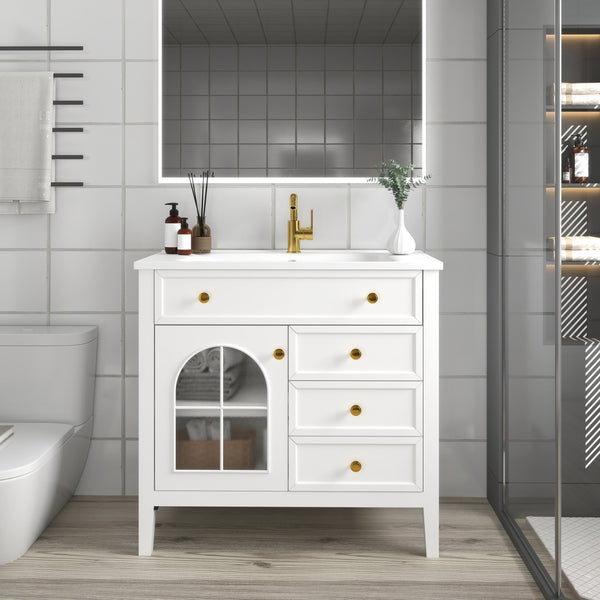 English Elm 35.6" Freestanding Bathroom Vanity with Roman Column Base and Ceramic Integrated Sink White W1801S00011