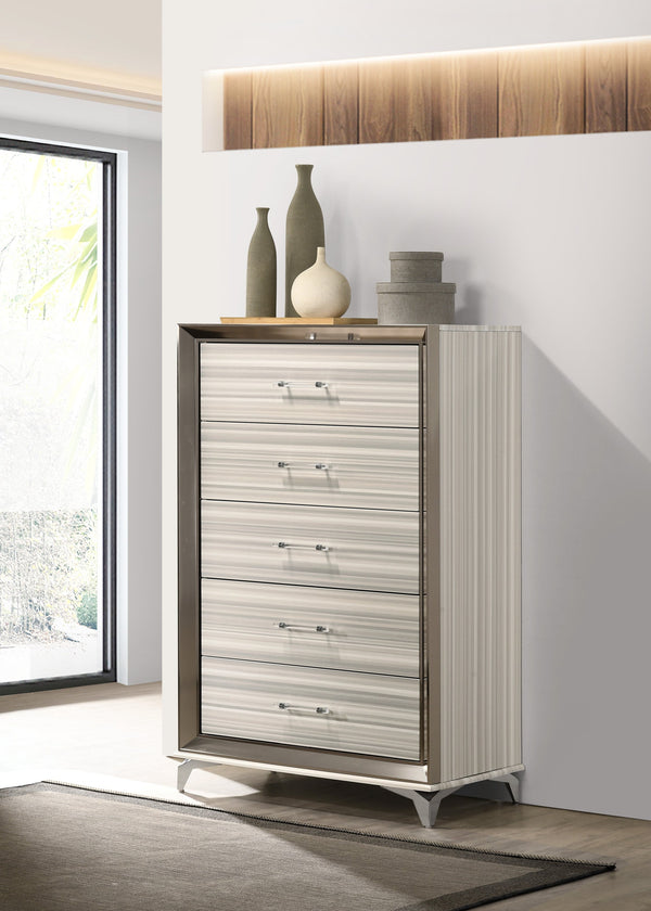 English Elm STAR Modern Chest with Built-In LED, Polished Chrome Accents, Acrylic Handles & Spacious Storage White 5.24 L x 74.8 W x 44.29 H B201P226358