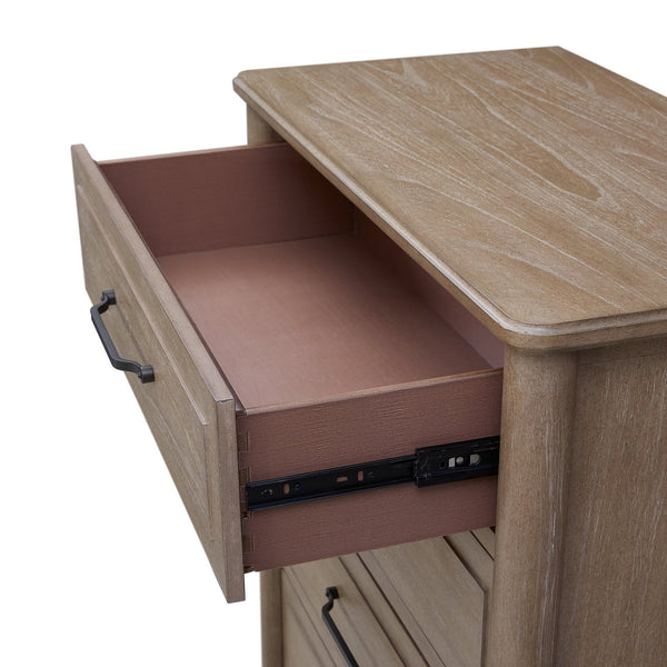 English Elm Small Breakfront Dresser with Mindi Veneer, Warm Neutral Finish, 7 Drawers, Tapered Legs, Elegant Storage Options Sand 34 L x 18 W x 50 H B2699P360161