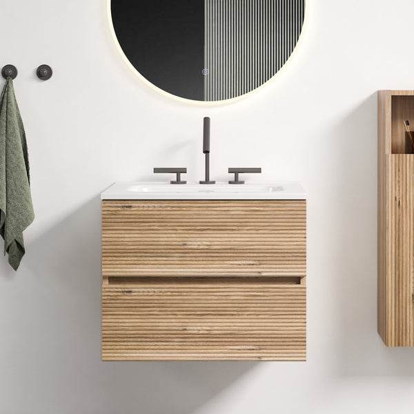 English Elm Gloria Floating Wall Mounted Oak Bathroom Vanity with Integrated Ceramic Sink Storage W1865S00195