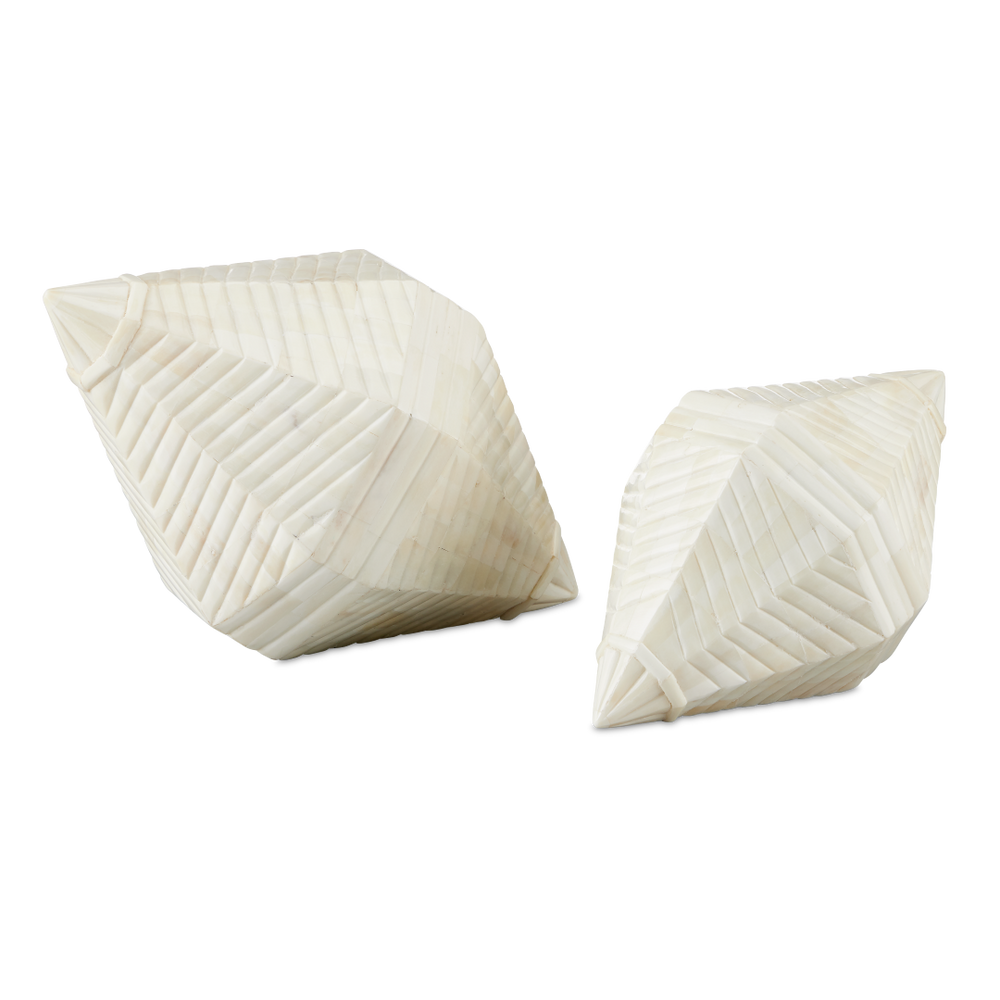 Pavi Bone Prism Set of 2 - Artisanal White Sculptures with Unique Shell Shape for Home Decor