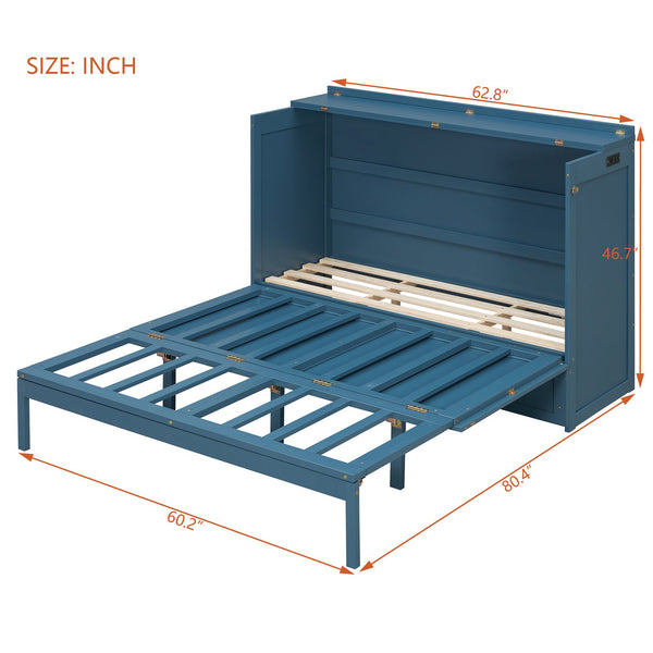 English Elm Queen Murphy Wall Bed Cabinet with Storage Drawer Built-in Power Outlets Usb Ports Navy Blue LP000400AAC-1