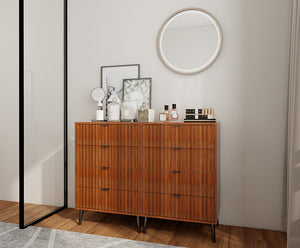 English Elm Wooden Antique Brown Chest of Drawers — Modern Slatted Design, Durable Engineered Wood, Versatile Storage Organizer for Bedroom or Living Room (32.7x20.9x8.3) W2139P306380