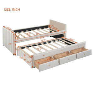 English Elm Twin Upholstered Daybed with Pull-Out Trundle and 3 Drawers, Velvet Finish, Solid Frame, Slat Kit Included Beige SF000147AAA