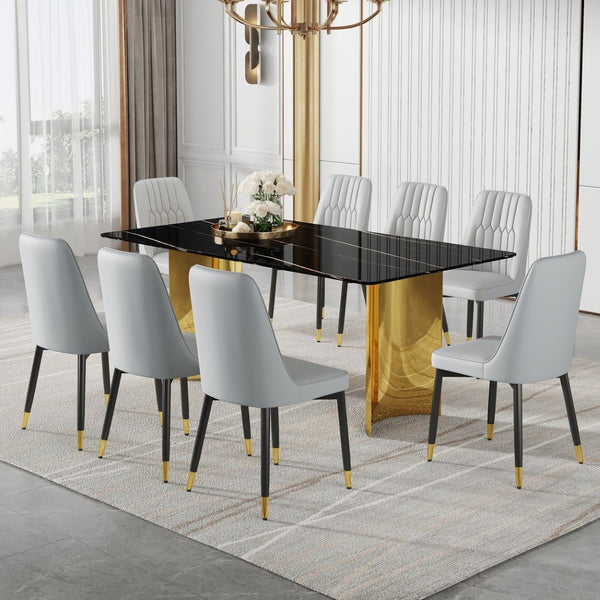 English Elm Table Set With Glass Top & Imitation Marble, 8 Light Gray Chairs - Elegant Dining Ensemble For All W1151S04335-GIGA