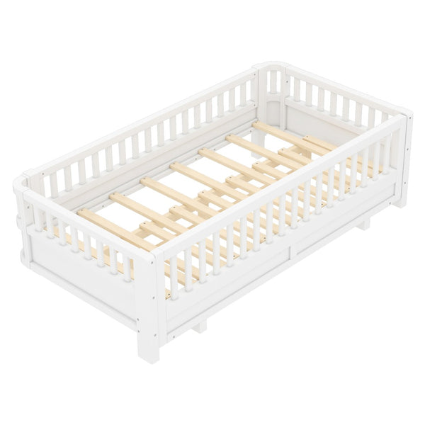 English Elm Twin Xl Platform Bed Frame With Guardrails - Solid Pine Wood, Convertible To Queen, White Finish W1580S00241-GIGA