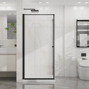 English Elm Goodyo Frameless Corner Shower Stall Tempered Glass Pivot Door with Matte Black Hardware W1223S00038