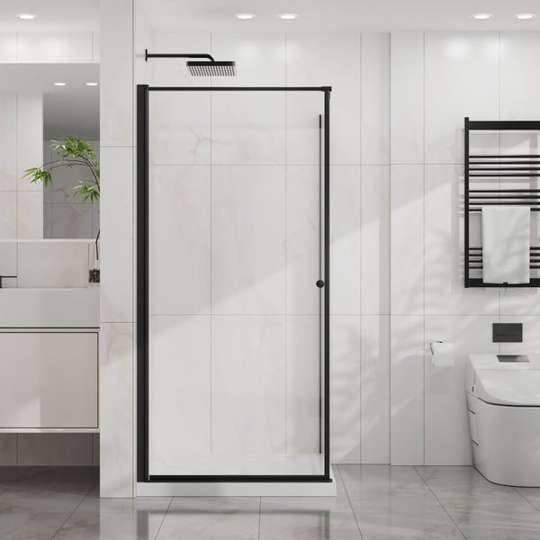 English Elm Goodyo Frameless Corner Shower Stall Tempered Glass Pivot Door with Matte Black Hardware W1223S00038