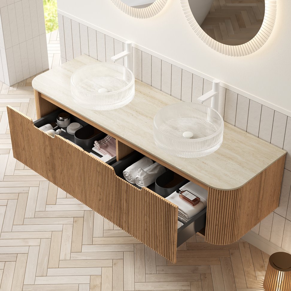 English Elm Dina 60 Inch Floating Bathroom Vanity Sintered Stone Top Dual Glass Basins Wood Grain Beige,Natural Wood,Transparent W2615S00353