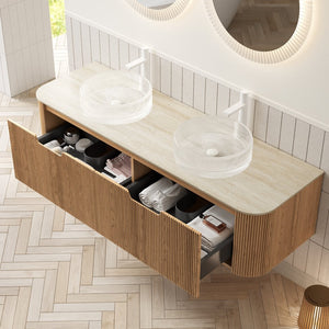 English Elm Dina 60 Inch Floating Bathroom Vanity Sintered Stone Top Dual Glass Basins Wood Grain Beige,Natural Wood,Transparent W2615S00353