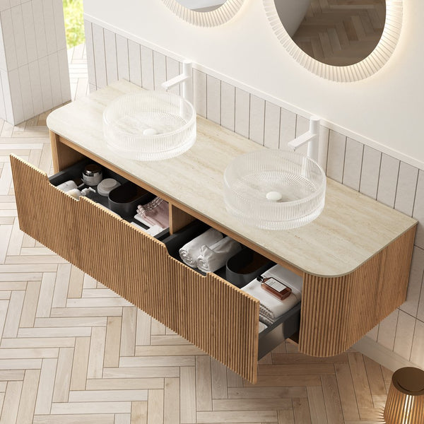 English Elm Dina 60 Inch Floating Bathroom Vanity Sintered Stone Top Dual Glass Basins Wood Grain Beige,Natural Wood,Transparent W2615S00353