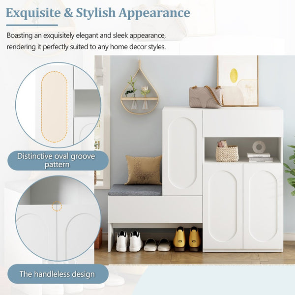 English Elm On-Trend 2-In-1 Shoe Cabinet With Soft Cushion & Arched Doors – Modern Storage Bench For Entryway, White N721P245716K-GIGA