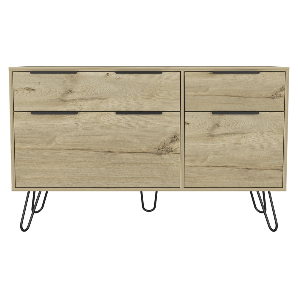 English Elm Augusta Mid-Century Double Dresser with Superior Top & Hairpin Legs, 4 Drawers Light Oak, Stylish Storage B200S00380