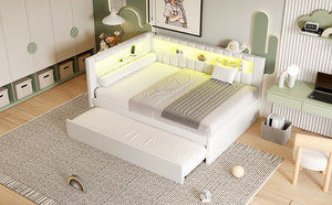 English Elm Upholstered Full Platform Bed with Trundle, Built-In USB Ports & LED Accent, Linen Upholstery White DL001925AAK