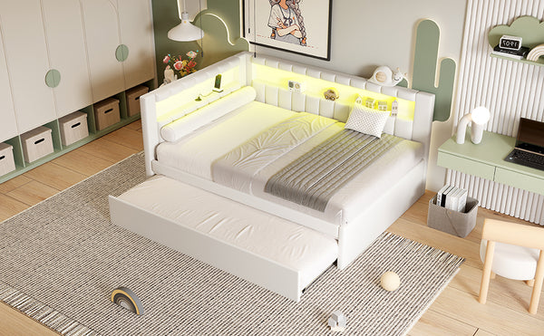 English Elm Upholstered Full Platform Bed with Trundle, Built-In USB Ports & LED Accent, Linen Upholstery White DL001925AAK