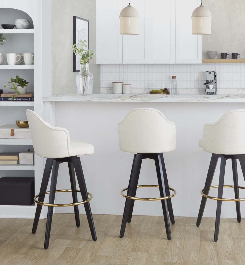 English Elm Fixed-height Swivel Barstools with Gold Ring Footrest Cream Upholstery Set of 2 B202S01864