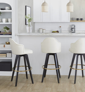 English Elm Fixed-height Swivel Barstools with Gold Ring Footrest Cream Upholstery Set of 2 B202S01864