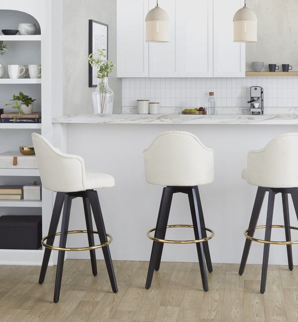 English Elm Fixed-height Swivel Barstools with Gold Ring Footrest Cream Upholstery Set of 2 B202S01864