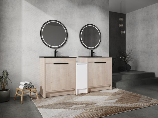 English Elm 72 Inch Freestanding Bathroom Vanity Set With Black Ceramic Sinks, Soft-Close Doors & Storage Solutions W999S00319