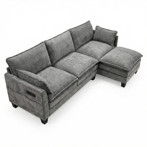 English Elm Modern Chenille Three Seat Sofa with Ottoman Usb Charging Ports and Storage Pockets Dark Grey W2519S00003