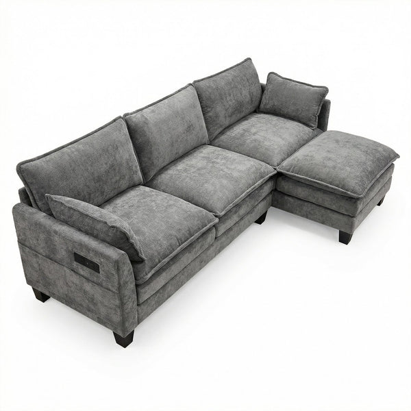 English Elm Modern Chenille Three Seat Sofa with Ottoman Usb Charging Ports and Storage Pockets Dark Grey W2519S00003